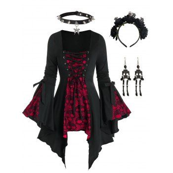 

Skull Lace Insert Flare Sleeve Handkerchief T-shirt And Rivets Butterfly Choker Necklace Flower Headband Skeleton Earrings Halloween Outfit, Black