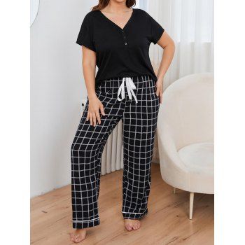 

Plus Size Loungewear Suit Plain Mock Button T Shirt And Plaid Wide Leg Pants Two Piece Set, Black