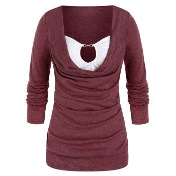 

Plus Size Top Cowl Neck Colorblock Faux Twinset Top Chain Keyhole Long Sleeve 2 In 1 Top, Deep red
