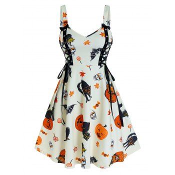 

Plus Size Dress Animal Pumpkin Bat Print Lace Up Cami A Line Mini Halloween Dress, White
