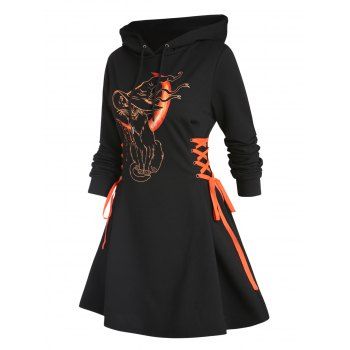 

Plus Size Hoodie Dress Cat Hat Moon Print Lace Up Long Sleeve A Line Mini Dress, Black