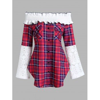 

Plaid Print Off The Shoulder Shirred Ruffles Top Floral Crochet Lace Panel Long Sleeve Top Curved Hem Long Top, Red