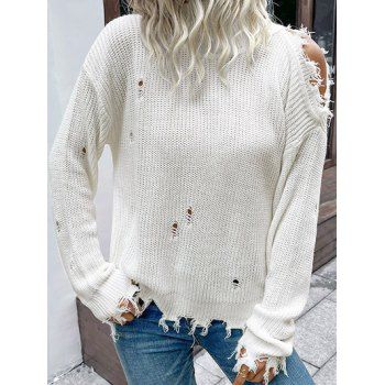 Ripped Sweater Frayed Hem Cut Out Mock Neck Long Sleeve Sweater, White