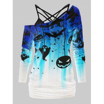 Halloween Bat Pumpkin Print T-shirt with Flower Lace Cami Top, Blue