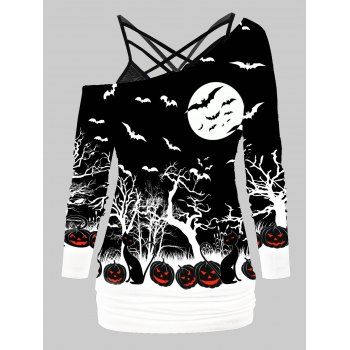 Halloween Bat Pumpkin Print T-shirt with Flower Lace Cami Top, White