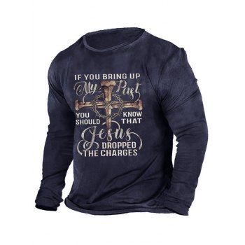 

Slogan Cross Print Graphic T-shirt Long Sleeve Round Neck Casual Tee, Cadetblue