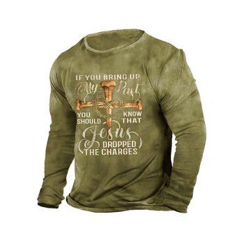 

Slogan Cross Print Graphic T-shirt Long Sleeve Round Neck Casual Tee, Army green