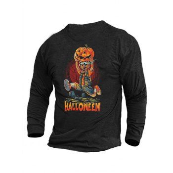 

Funny Skull Runner Pumpkin Print Graphic Halloween T-shirt Long Sleeve Round Neck Tee, Black