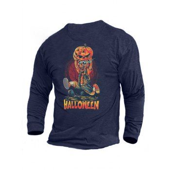 

Funny Skull Runner Pumpkin Print Graphic Halloween T-shirt Long Sleeve Round Neck Tee, Cadetblue