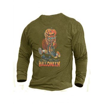 

Funny Skull Runner Pumpkin Print Graphic Halloween T-shirt Long Sleeve Round Neck Tee, Army green