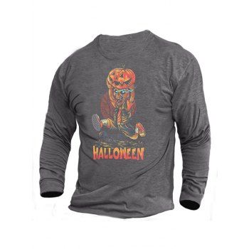 

Funny Skull Runner Pumpkin Print Graphic Halloween T-shirt Long Sleeve Round Neck Tee, Gray