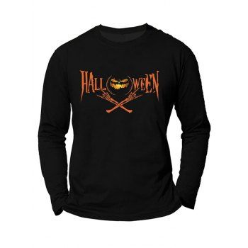 

Halloween Pumpkin Skeleton Hand Print Graphic T-shirt Long Sleeve Round Neck Casual Tee, Black