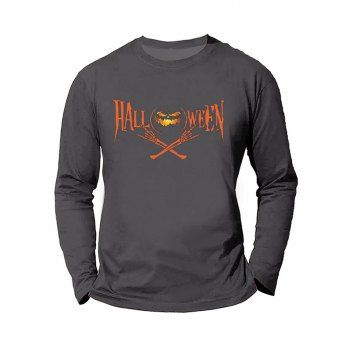 

Halloween Pumpkin Skeleton Hand Print Graphic T-shirt Long Sleeve Round Neck Casual Tee, Gray