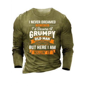 

Letter Slogan Print Graphic T-shirt Long Sleeve Round Neck Casual Tee, Army green