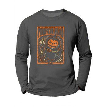 

Halloween Pumpkin Devil Print Graphic T-shirt Long Sleeve Round Neck Casual Tee, Gray