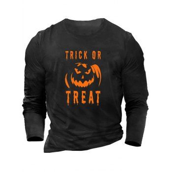 TRICK OR TREAT Pumpkin Print Graphic T-shirt Long Sleeve Round Neck Casual Tee, Black