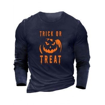 

TRICK OR TREAT Pumpkin Print Graphic T-shirt Long Sleeve Round Neck Casual Tee, Cadetblue