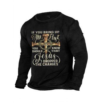 

Slogan Cross Print Graphic T-shirt Long Sleeve Round Neck Casual Tee, Black