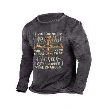 

Slogan Cross Print Graphic T-shirt Long Sleeve Round Neck Casual Tee, Gray