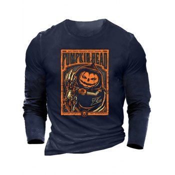 Halloween Pumpkin Devil Print Graphic T-shirt Long Sleeve Round Neck Casual Tee, Cadetblue