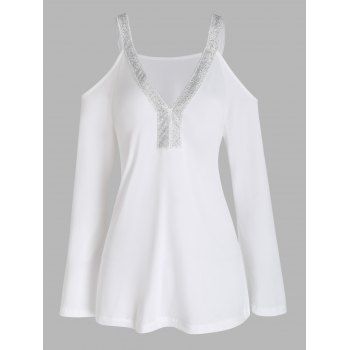 Cold Shoulder T Shirt Glitter V Neck Long Sleeve Casual Tee, White