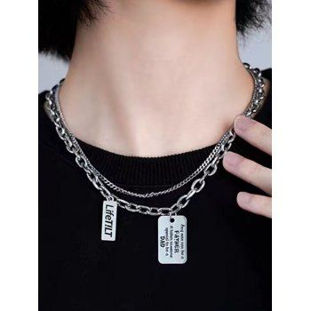 

Men Layered Necklace Letter Geometric Pendant Punk Necklace, Silver