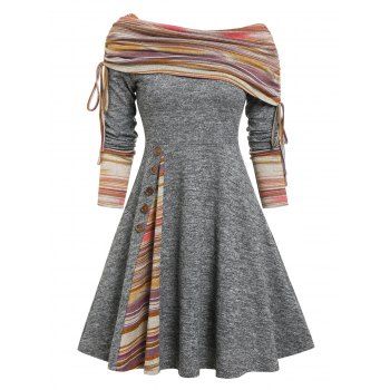 

Plus Size Dress Convertible Neck Cinched Colored Striped Print Flare A Line Dress, Gray