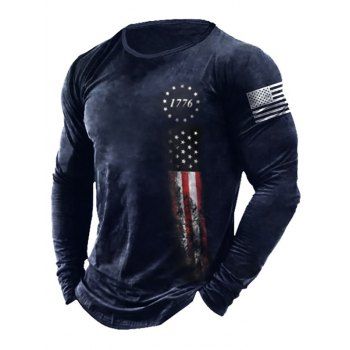 

American Flag Print Graphic T-shirt Long Sleeve Round Neck Casual Tee, Cadetblue
