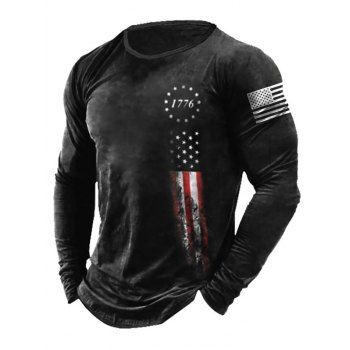 

American Flag Print Graphic T-shirt Long Sleeve Round Neck Casual Tee, Black