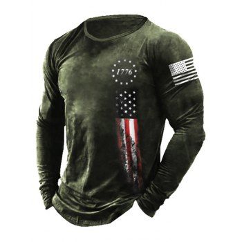 

American Flag Print Graphic T-shirt Long Sleeve Round Neck Casual Tee, Army green