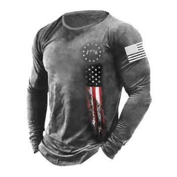 American Flag Print Graphic T-shirt Long Sleeve Round Neck Casual Tee, Gray