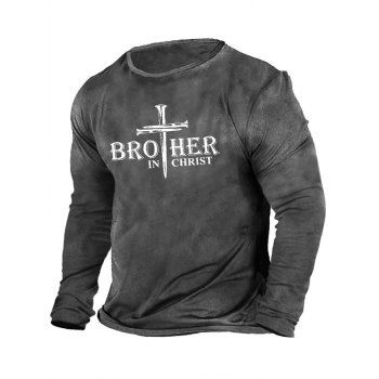 

Slogan Cross Graphic Print Long Sleeve Cotton T-shirt, Gray