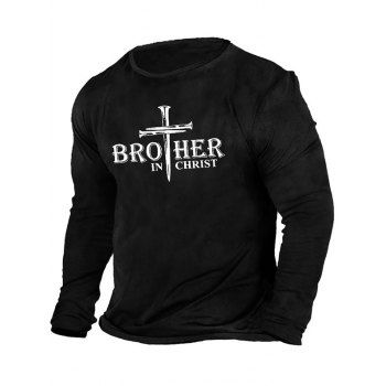 

Slogan Cross Graphic Print Long Sleeve Cotton T-shirt, Black