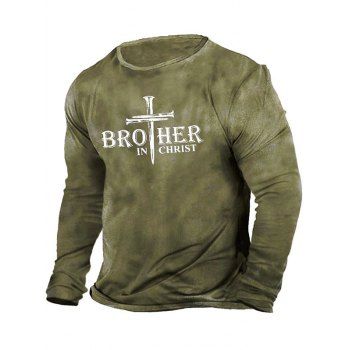 

Slogan Cross Graphic Print Long Sleeve Cotton T-shirt, Army green