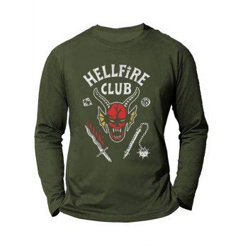 Halloween Devil Letter Graphic T-shirt Long Sleeve Round Neck Casual Tee, Army green