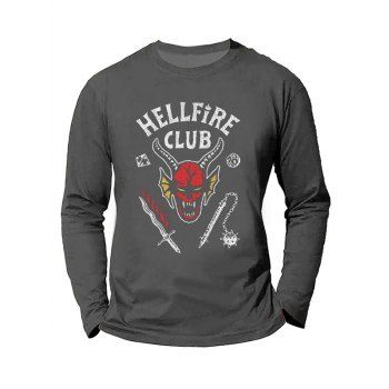 

Halloween Devil Letter Graphic T-shirt Long Sleeve Round Neck Casual Tee, Gray