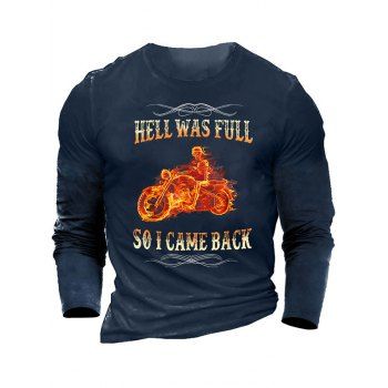 

Fire Skeleton Motorcycle Slogan Print Graphic T-shirt Long Sleeve Round Neck Casual Tee, Cadetblue