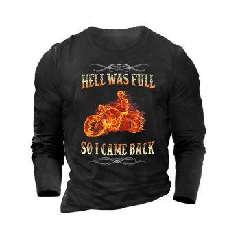 

Fire Skeleton Motorcycle Slogan Print Graphic T-shirt Long Sleeve Round Neck Casual Tee, Black