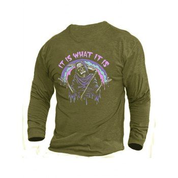 

Halloween Grim Reaper Letter Print Graphic T-shirt Long Sleeve Round Neck Casual T-shirt, Army green