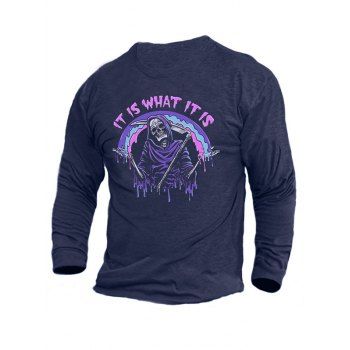 Halloween Grim Reaper Letter Print Graphic T-shirt Long Sleeve Round Neck Casual T-shirt, Cadetblue