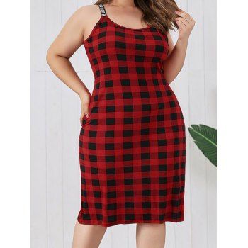 

Plus Size Sleepwear Plaid Print Letter Strap Shift Midi Sleep Dress, Red