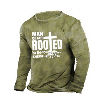 

Slogan Letter Tree Root Print Graphic T-shirt Long Sleeve Round Neck Casual Tee, Army green