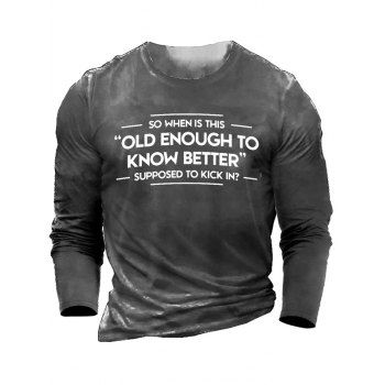 

Slogan Print Long Sleeve Cotton Graphic T-shirt, Gray
