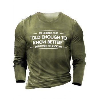 

Slogan Print Long Sleeve Cotton Graphic T-shirt, Army green