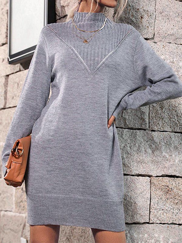 Heather Sweater Dress Textured Mock Neck Long Sleeve Shift Mini Dress 