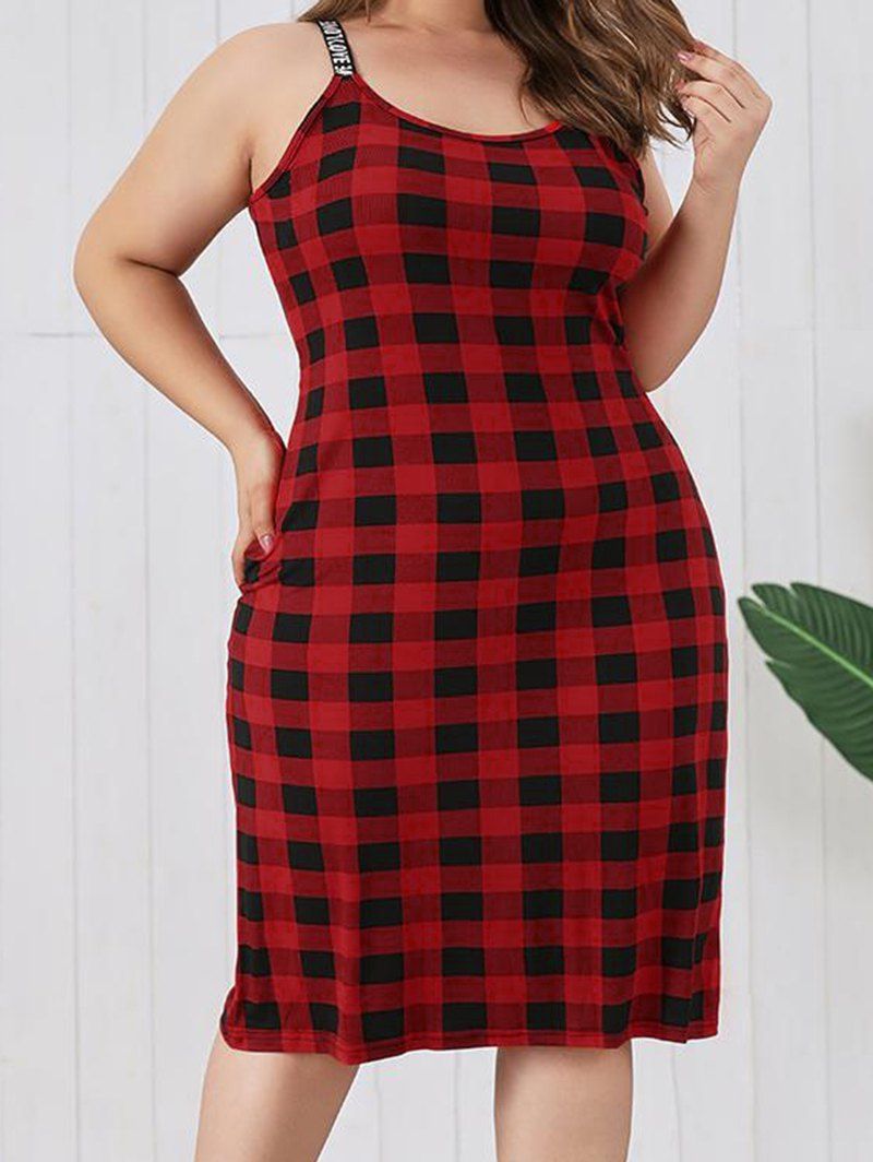 Plus Size Sleepwear Plaid Print Letter Strap Shift Midi Sleep Dress - RED 3XL