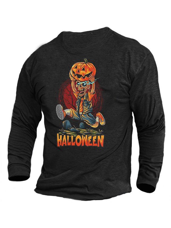T-shirt à Imprimé Halloween Citrouille et Crâne Drôle à Col Rond - Noir XL