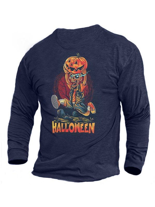 T-shirt à Imprimé Halloween Citrouille et Crâne Drôle à Col Rond - Cadetblue L