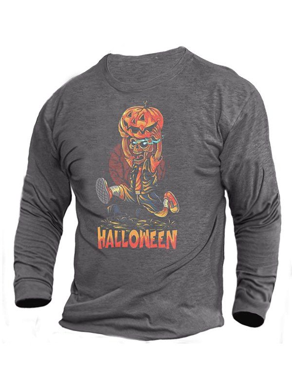 T-shirt à Imprimé Halloween Citrouille et Crâne Drôle à Col Rond - Gris 2XL