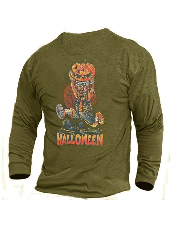 T-shirt à Imprimé Halloween Citrouille et Crâne Drôle à Col Rond - Vert Armée 2XL